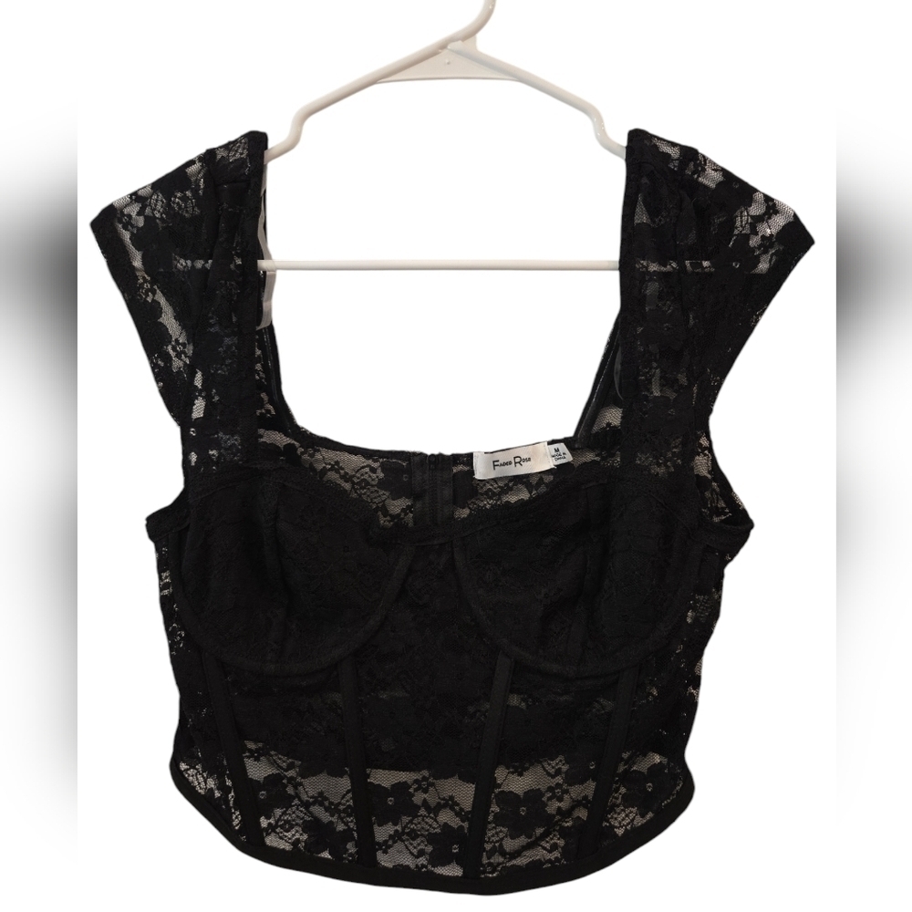 FADED ROSE LACE FLORAL BUSTIER CORSET TOP. SIZE MEDIUM (BLACK).